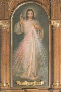 Adolf Hyla’s “Divine Mercy” (1943) at the tomb of Saint Faustina, Convent of Our Lady of Mercy, Cracow-Lagiewniki, Poland [JEZU UFAM TOBIE (Jesus, I trust in You)]