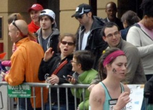 Tamerlan Tsarnaev (black cap) and Dzhokhar Tsarnaev (white cap worn backwards) just minutes before the Boston Marathon bombing