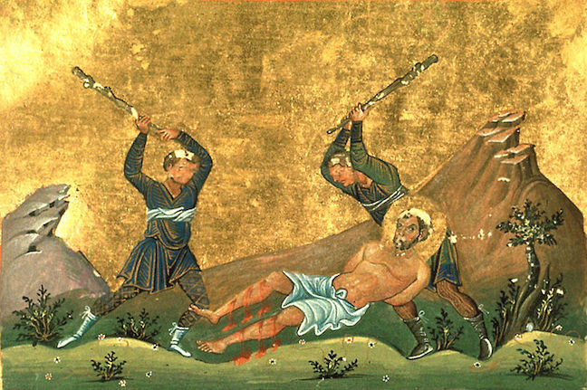 The death of Onesimus in the Menologian of Basil II, c. 1000 [Vatican Library]