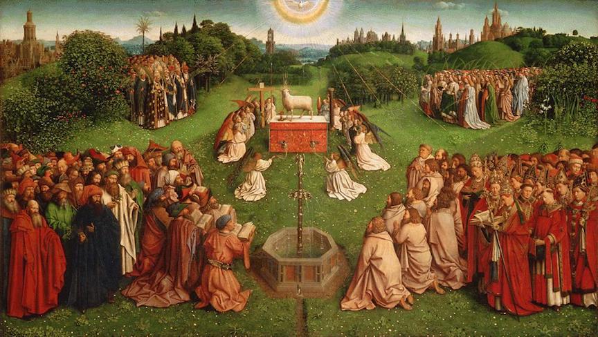 Adoration of the Mystic Lamb (Ghent Altarpiece) by Jan van Eyck, 1432 [St. Bavo's Cathedral, Ghent, Belgium]