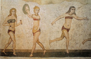 Female athletes depicted in 4th-century A.D. mosaics (Villa Romana del Casale, Sicily)