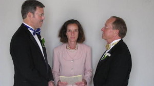 Episcopal bishop, Gene Robinson (right) marries his male partner in 2008. They divorced in 2014.